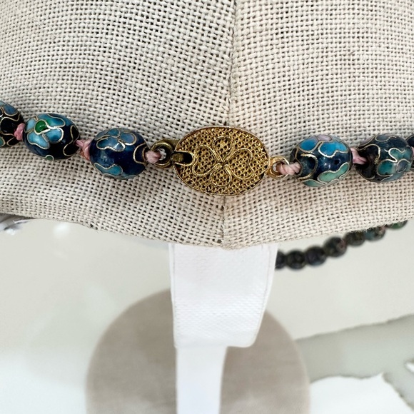 Vintage Blue Chinese Cloisonne Floral Beaded hand knotted Porcelain Necklace